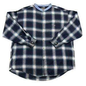 Bon Homme Shirt Mens XL Blue Plaid Flannel Band Collar Long Sleeve Button Up